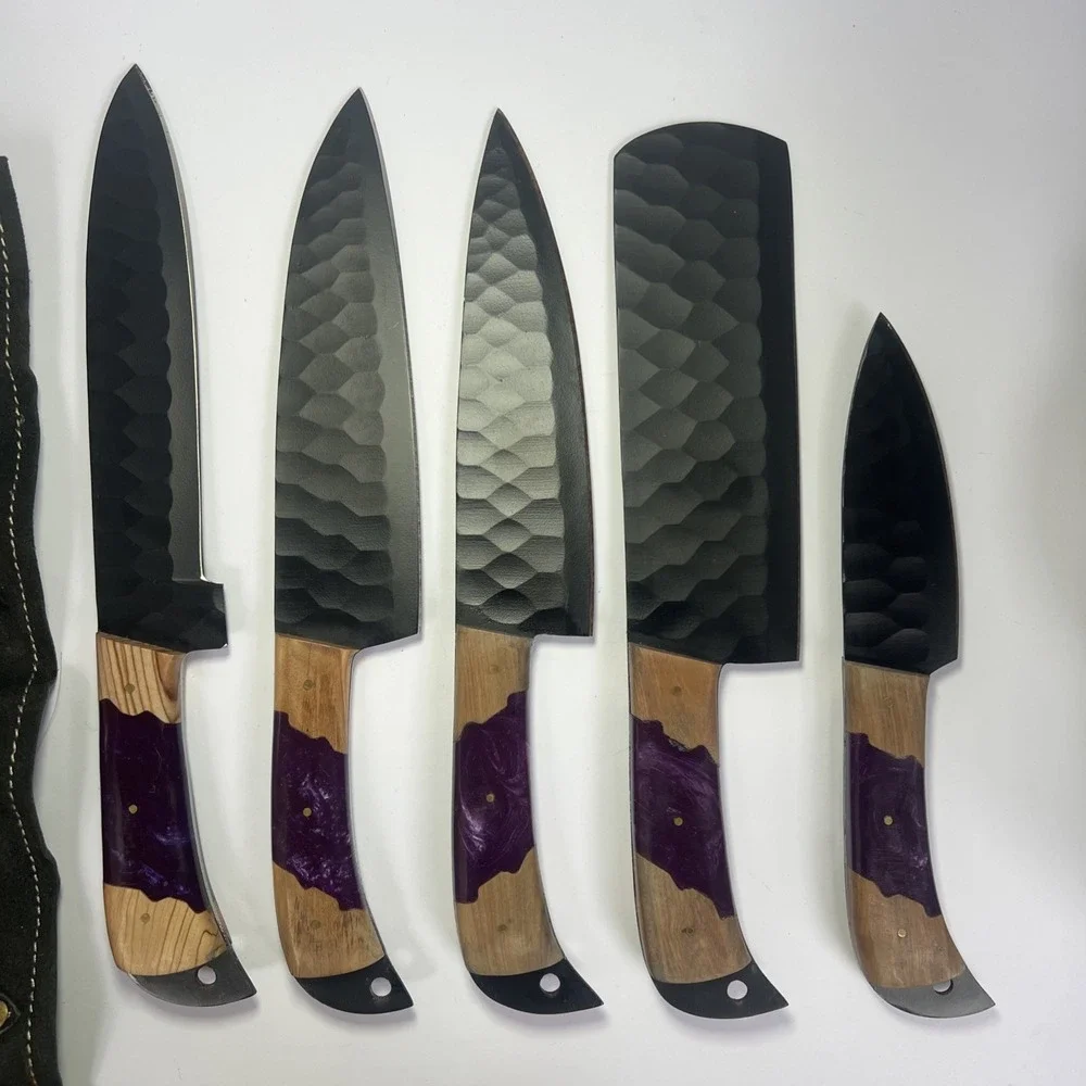 Handmade Knife Set 5 Pc Purple Resin Wood Handles Forged Style w/ Leather Roll